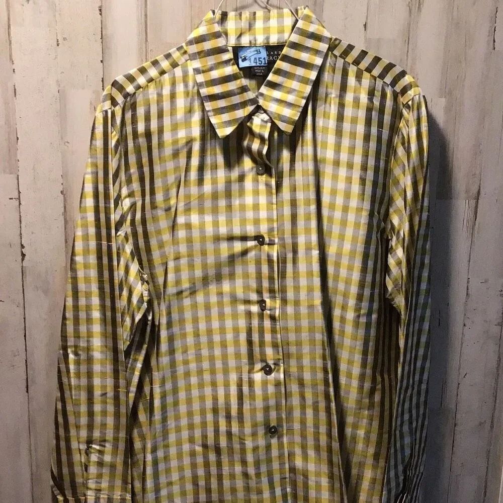 Gorgeous, shiny black, yellow and white plaid hundred percent silk size 16, Elle